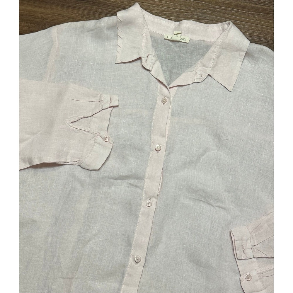 Eileen Fisher Pink Organic Linen Crinkle Classic Collar Button Up Shirt Sz L
